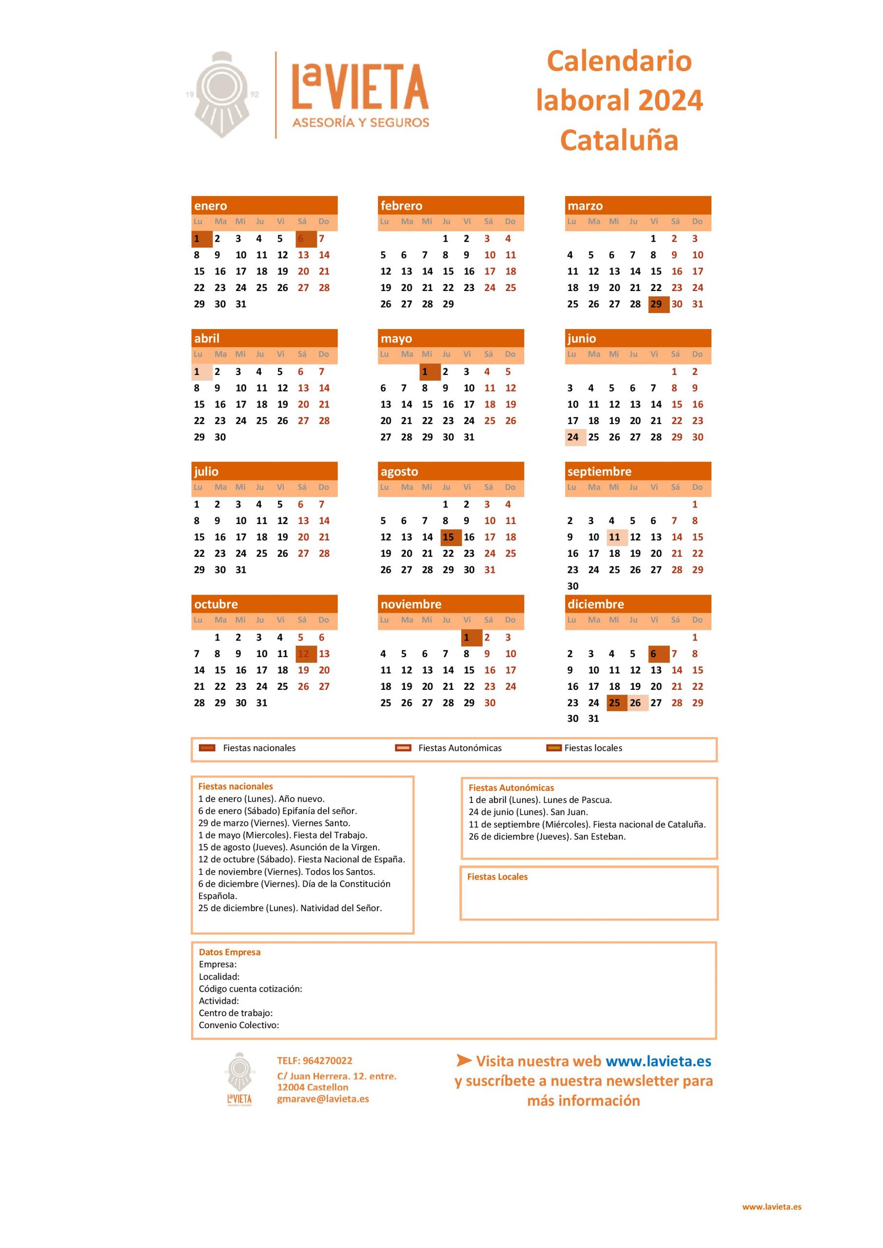 Calendario laboral de Cataluña 2024 en PDF para imprimir