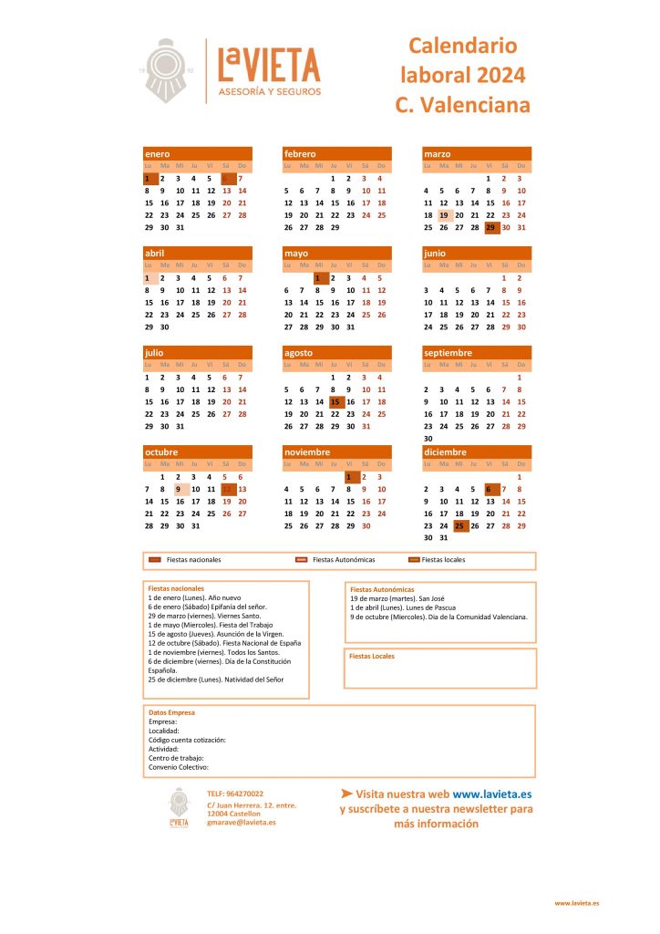 Calendario laboral de la Comunidad Valenciana 2024 en PDF para imprimir