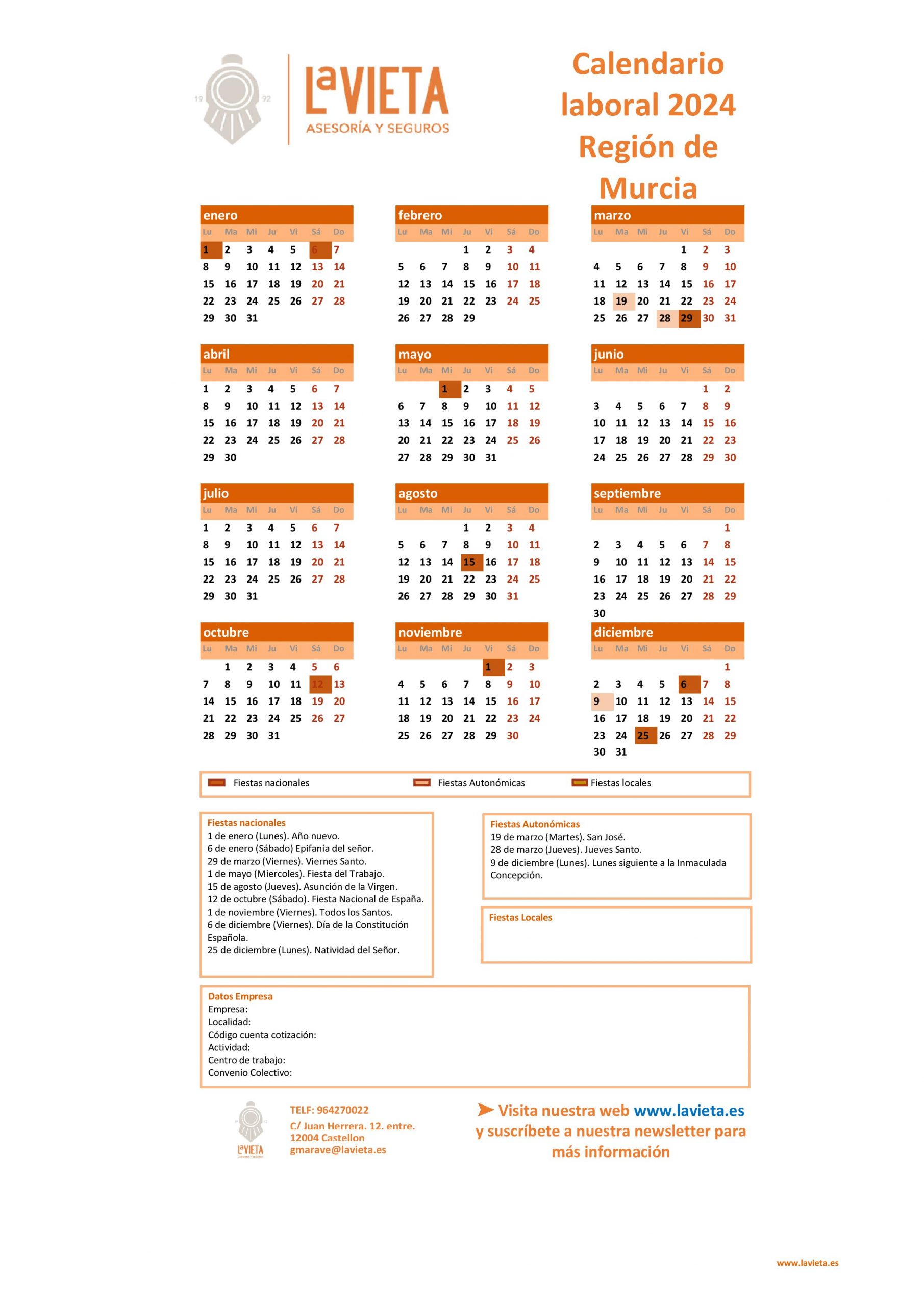 Calendario laboral de la Región de Murcia 2024 en PDF para imprimir